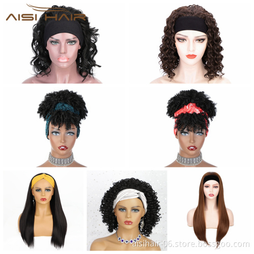 Aisi Hair Short Heat Resistant Synthetic Curly Wigs Half Ladies 3/4 Wig With Headband Brown Wigs Long Straight for Women